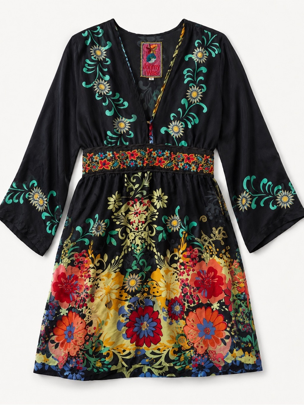 Johnny Was | 100% Silk Floral Plunge V-Neck Belted Boho Tunic Dress Size M - Picture 2 of 10